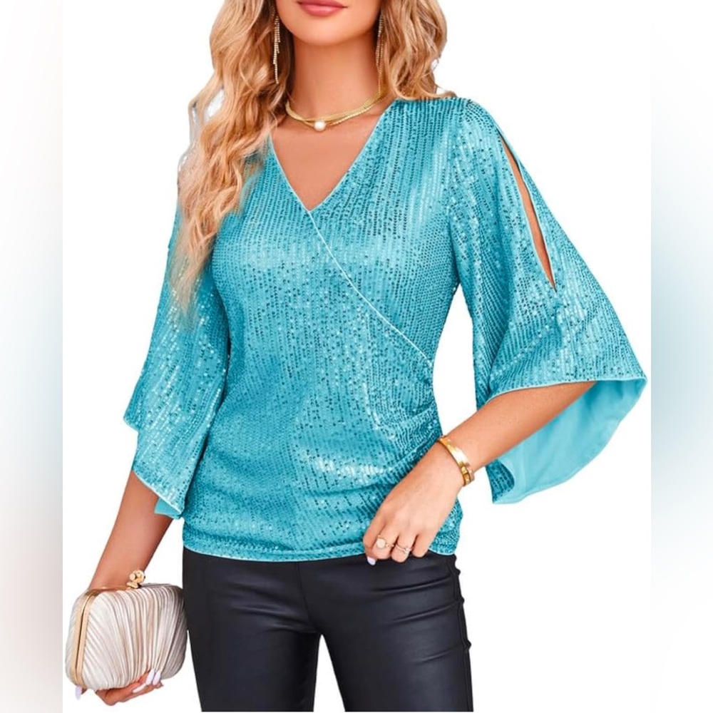 GRACE KARIN Sequin Top 3/4 Sleeve Glitter Sparkly Party Blouse V-Neck Dressy Top